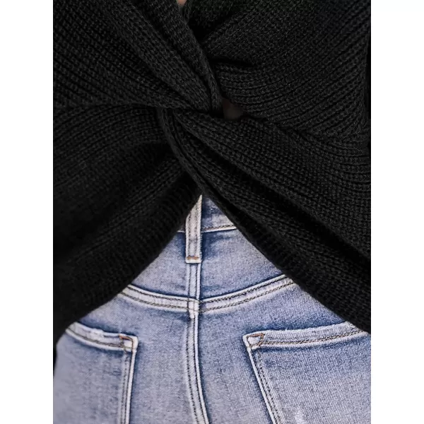 imageCUPSHE Womens Round Neck Sweater Ribbed Knit Twist Back Pullover with Long SleevesBlack