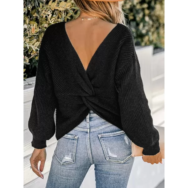 imageCUPSHE Womens Round Neck Sweater Ribbed Knit Twist Back Pullover with Long SleevesBlack