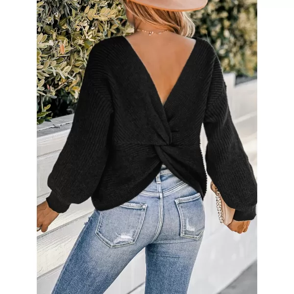 imageCUPSHE Womens Round Neck Sweater Ribbed Knit Twist Back Pullover with Long SleevesBlack