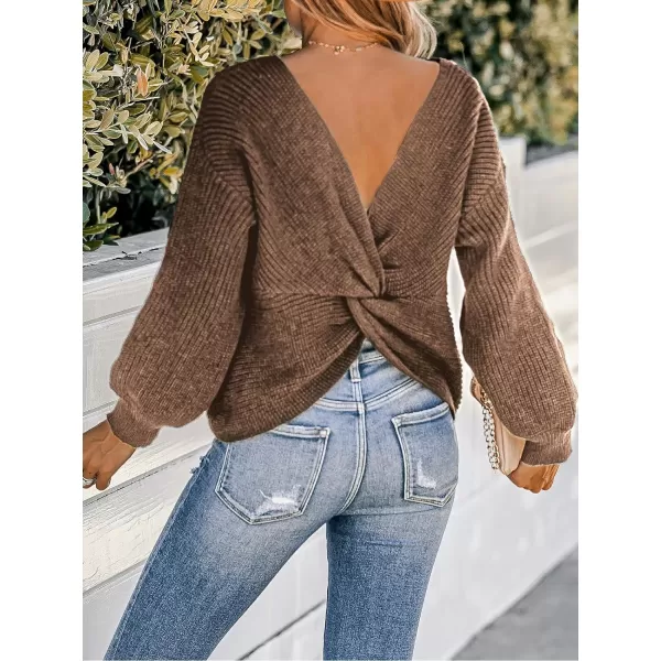 imageCUPSHE Womens Round Neck Sweater Ribbed Knit Twist Back Pullover with Long SleevesKhaki