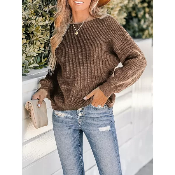 imageCUPSHE Womens Round Neck Sweater Ribbed Knit Twist Back Pullover with Long SleevesKhaki