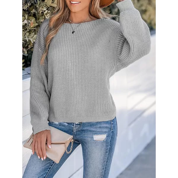 imageCUPSHE Womens Round Neck Sweater Ribbed Knit Twist Back Pullover with Long SleevesLight Grey