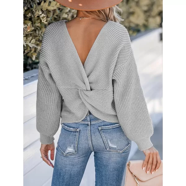 imageCUPSHE Womens Round Neck Sweater Ribbed Knit Twist Back Pullover with Long SleevesLight Grey