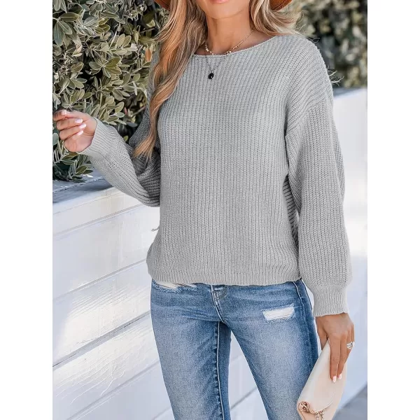 imageCUPSHE Womens Round Neck Sweater Ribbed Knit Twist Back Pullover with Long SleevesLight Grey