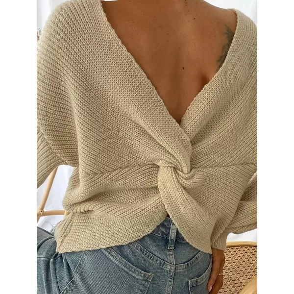 imageCUPSHE Womens Round Neck Sweater Ribbed Knit Twist Back Pullover with Long SleevesWhite