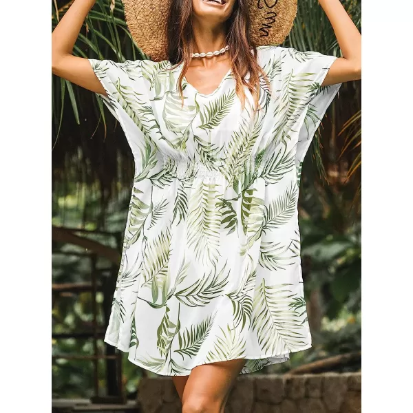 imageCUPSHE Womens Round Neck Tropical Leaf Print Slit Short CoverUp Dolman Sleeves Elastic Waist Mini DressWhite