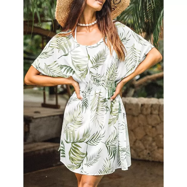 imageCUPSHE Womens Round Neck Tropical Leaf Print Slit Short CoverUp Dolman Sleeves Elastic Waist Mini DressWhite