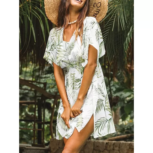 imageCUPSHE Womens Round Neck Tropical Leaf Print Slit Short CoverUp Dolman Sleeves Elastic Waist Mini DressWhite