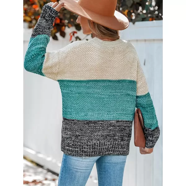 imageCUPSHE Womens Round Neckline Dropped Long Sleeves Ribbed Colorblock Crochet Knit SweaterBlue