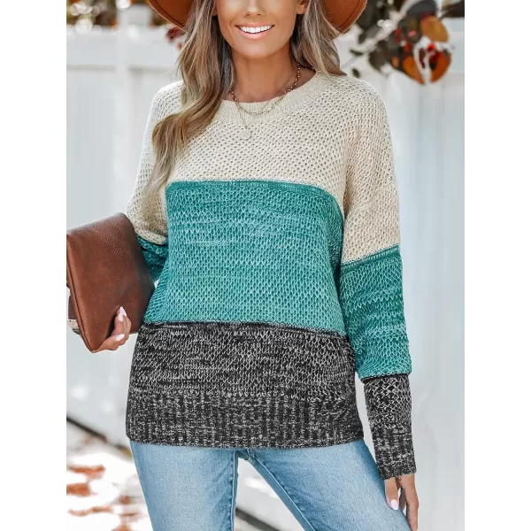 imageCUPSHE Womens Round Neckline Dropped Long Sleeves Ribbed Colorblock Crochet Knit SweaterBlue