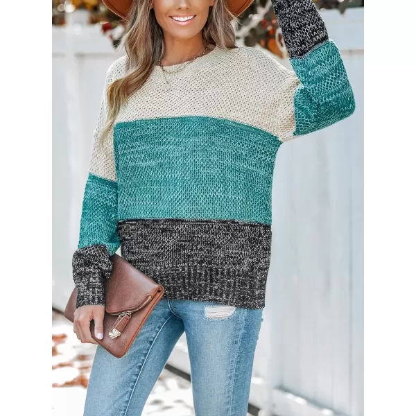 imageCUPSHE Womens Round Neckline Dropped Long Sleeves Ribbed Colorblock Crochet Knit SweaterBlue