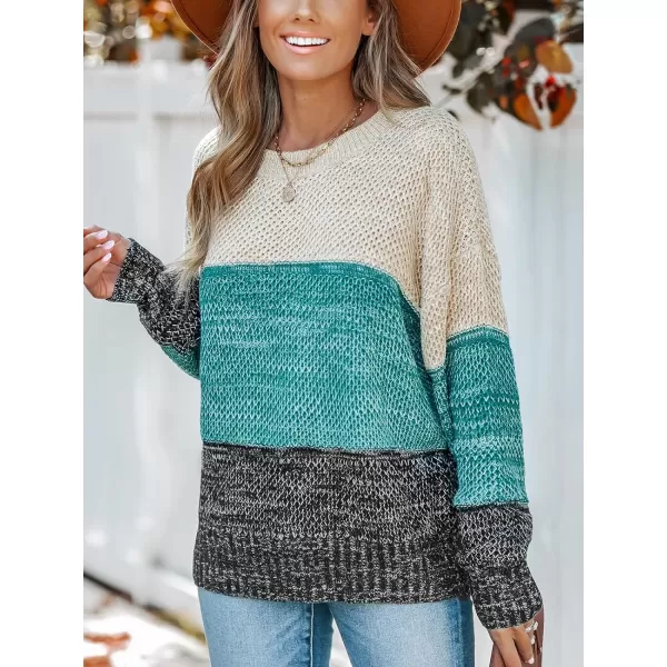 imageCUPSHE Womens Round Neckline Dropped Long Sleeves Ribbed Colorblock Crochet Knit SweaterBlue