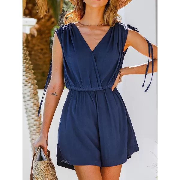 imageCUPSHE Womens Ruched Drawstring Romper Sleeveless V Neck Jumpsuits Wide Leg Outfit CasualBlue