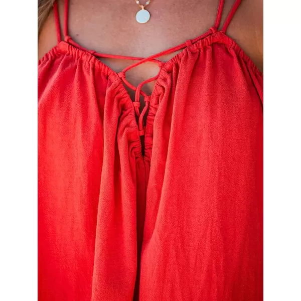 imageCUPSHE Womens Ruched LaceUp Dress Sleeveless Backless Summer Dress with Adjustable Cami StrapsRed