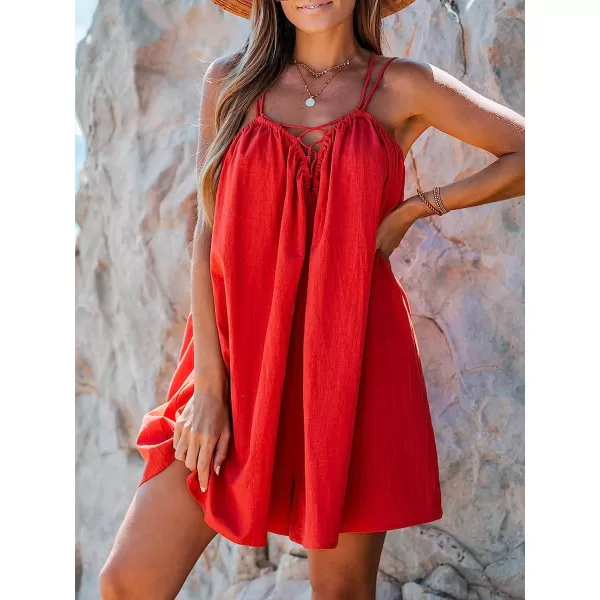 imageCUPSHE Womens Ruched LaceUp Dress Sleeveless Backless Summer Dress with Adjustable Cami StrapsRed