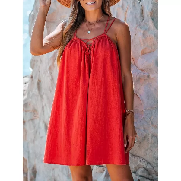 imageCUPSHE Womens Ruched LaceUp Dress Sleeveless Backless Summer Dress with Adjustable Cami StrapsRed