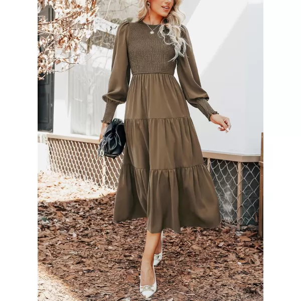 imageCUPSHE Womens Ruched Maxi Dress High Neck Long Sleeves Smocked TieredSepia Brown