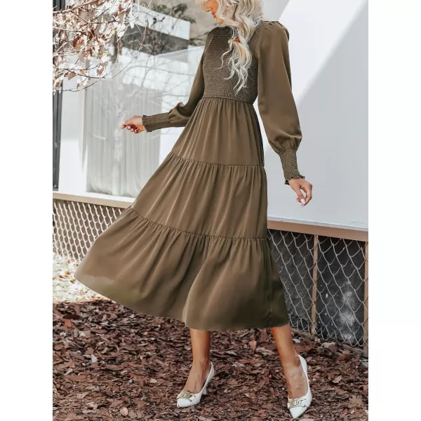 imageCUPSHE Womens Ruched Maxi Dress High Neck Long Sleeves Smocked TieredSepia Brown