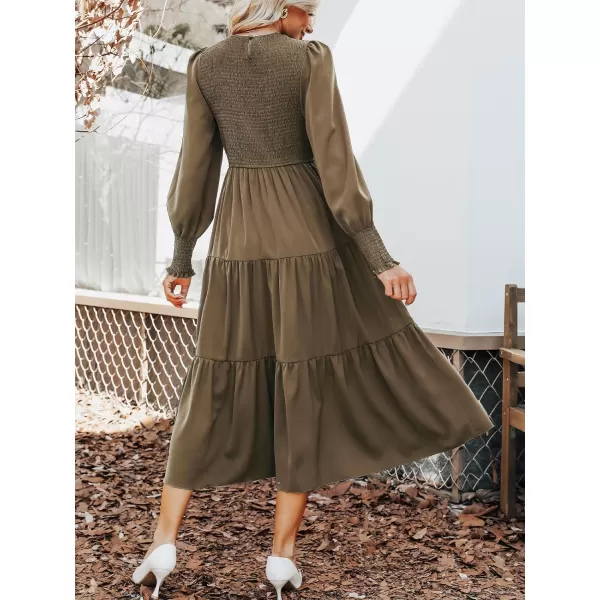 imageCUPSHE Womens Ruched Maxi Dress High Neck Long Sleeves Smocked TieredSepia Brown