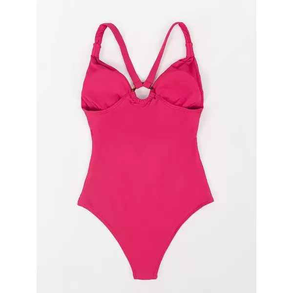 imageCUPSHE Womens Ruched One Piece Swimsuit Green O Ring V Neck Bathing SuitPink