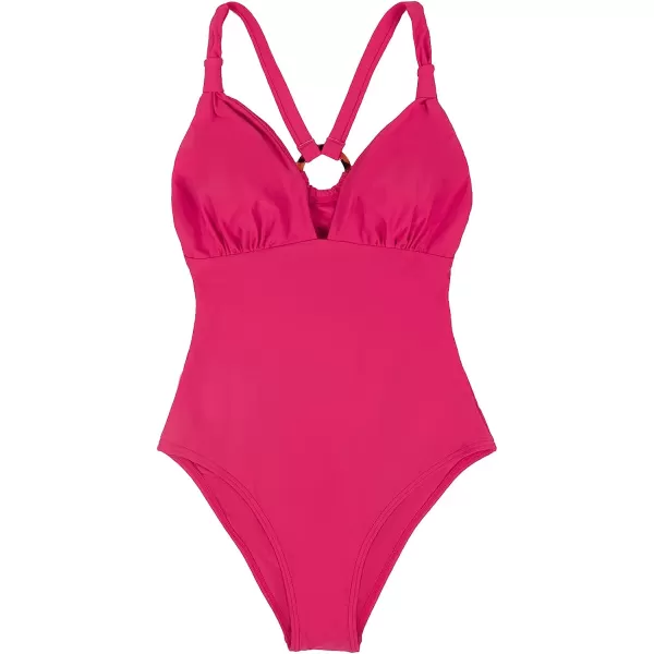 imageCUPSHE Womens Ruched One Piece Swimsuit Green O Ring V Neck Bathing SuitPink