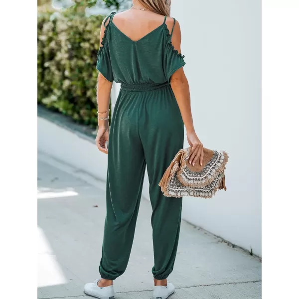 imageCUPSHE Womens Ruched OpenShoulder Jogger Jumpsuit VNeck Romper with Jogger LegOlive Green