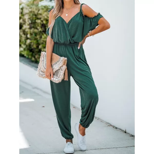 imageCUPSHE Womens Ruched OpenShoulder Jogger Jumpsuit VNeck Romper with Jogger LegOlive Green
