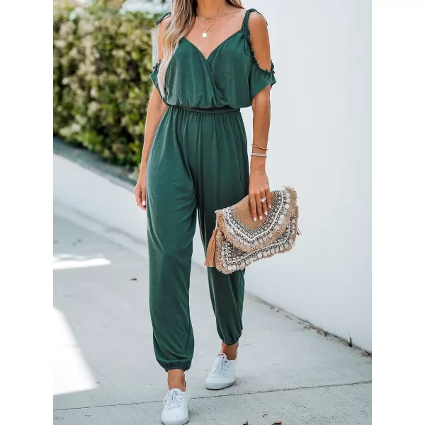 imageCUPSHE Womens Ruched OpenShoulder Jogger Jumpsuit VNeck Romper with Jogger LegOlive Green