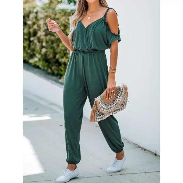 imageCUPSHE Womens Ruched OpenShoulder Jogger Jumpsuit VNeck Romper with Jogger LegOlive Green