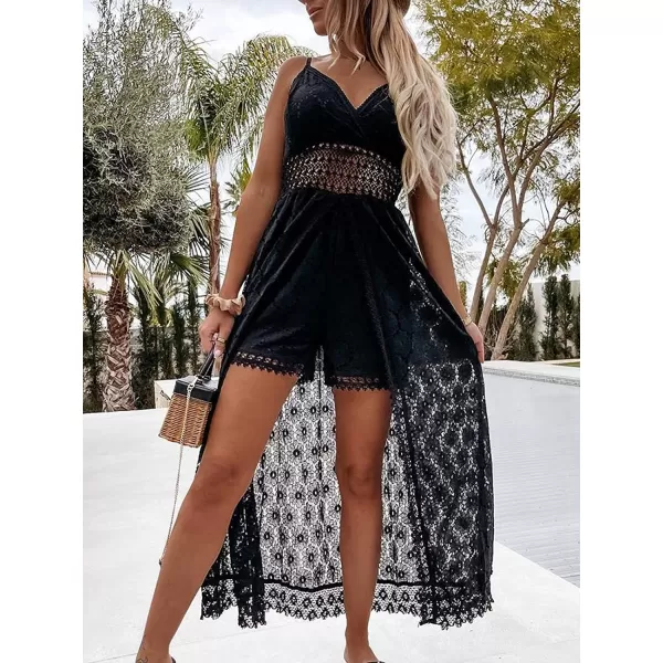 imageCUPSHE Womens Ruching Smocking Jumpsuit Summer Slip V Neck Backless Maxi High LowBlack