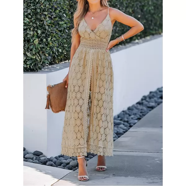 imageCUPSHE Womens Ruching Smocking Jumpsuit Summer Slip V Neck Backless Maxi High LowCream