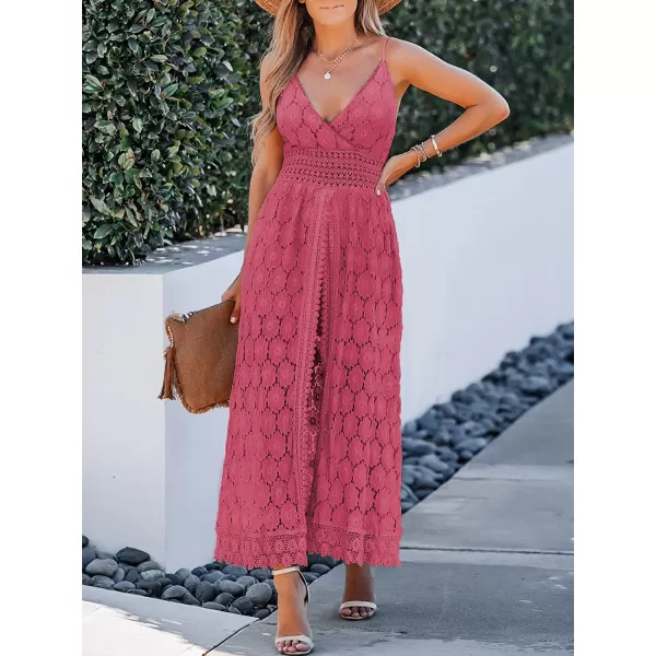 imageCUPSHE Womens Ruching Smocking Jumpsuit Summer Slip V Neck Backless Maxi High LowDusty Pink