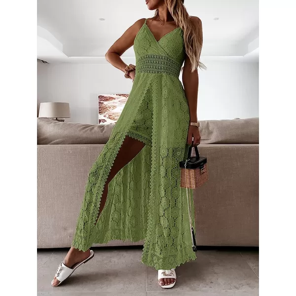 imageCUPSHE Womens Ruching Smocking Jumpsuit Summer Slip V Neck Backless Maxi High LowGreen