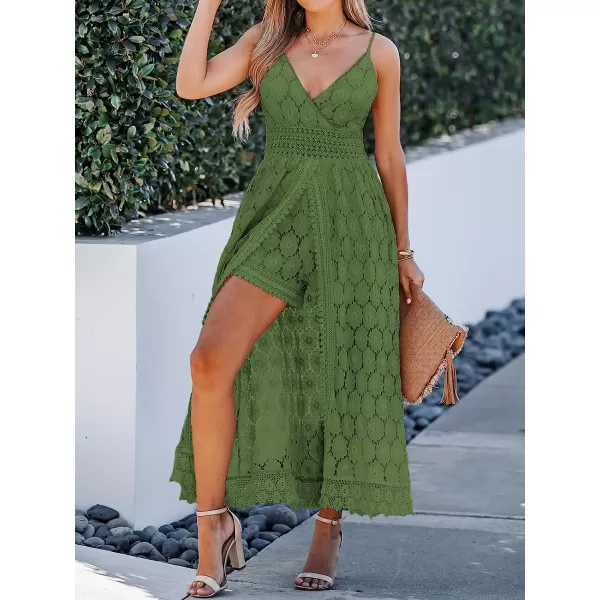 imageCUPSHE Womens Ruching Smocking Jumpsuit Summer Slip V Neck Backless Maxi High LowOlive Green