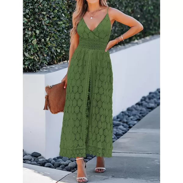 imageCUPSHE Womens Ruching Smocking Jumpsuit Summer Slip V Neck Backless Maxi High LowOlive Green