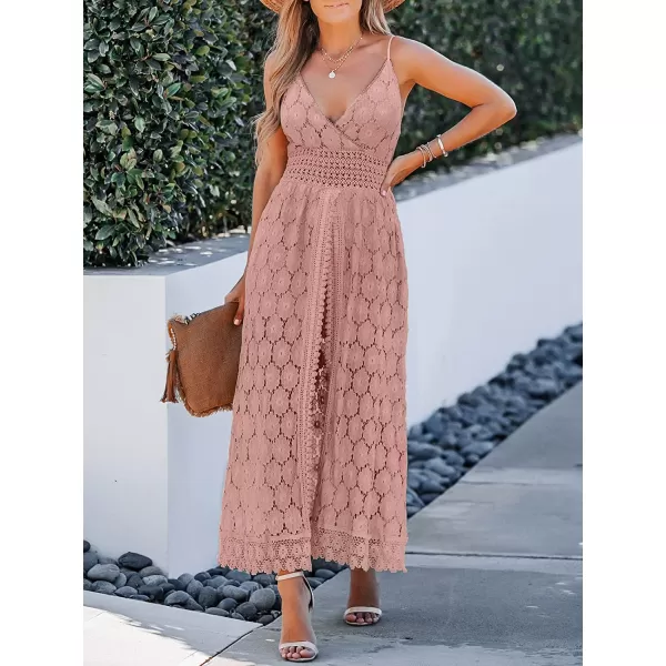 imageCUPSHE Womens Ruching Smocking Jumpsuit Summer Slip V Neck Backless Maxi High LowPink