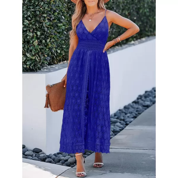 imageCUPSHE Womens Ruching Smocking Jumpsuit Summer Slip V Neck Backless Maxi High LowRoyal Blue