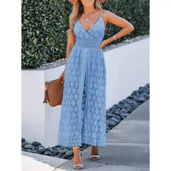 imageCUPSHE Womens Ruching Smocking Jumpsuit Summer Slip V Neck Backless Maxi High LowSky Blue