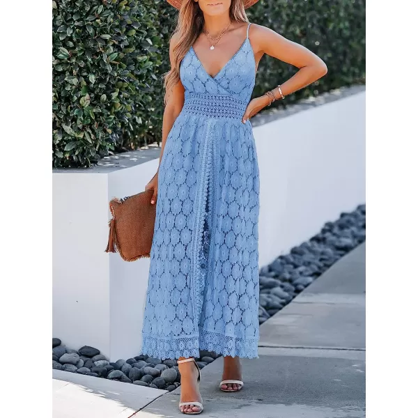 imageCUPSHE Womens Ruching Smocking Jumpsuit Summer Slip V Neck Backless Maxi High LowSky Blue