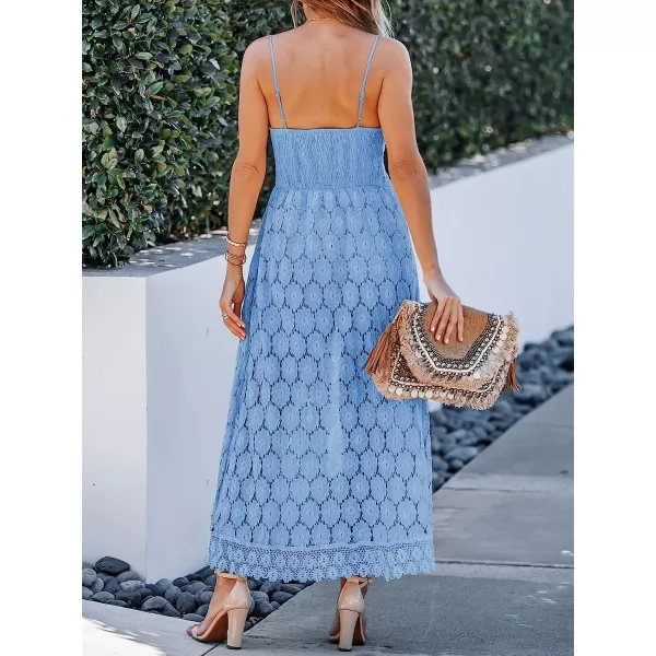 imageCUPSHE Womens Ruching Smocking Jumpsuit Summer Slip V Neck Backless Maxi High LowSky Blue