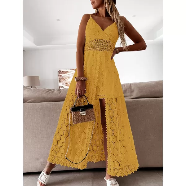 imageCUPSHE Womens Ruching Smocking Jumpsuit Summer Slip V Neck Backless Maxi High LowYellow