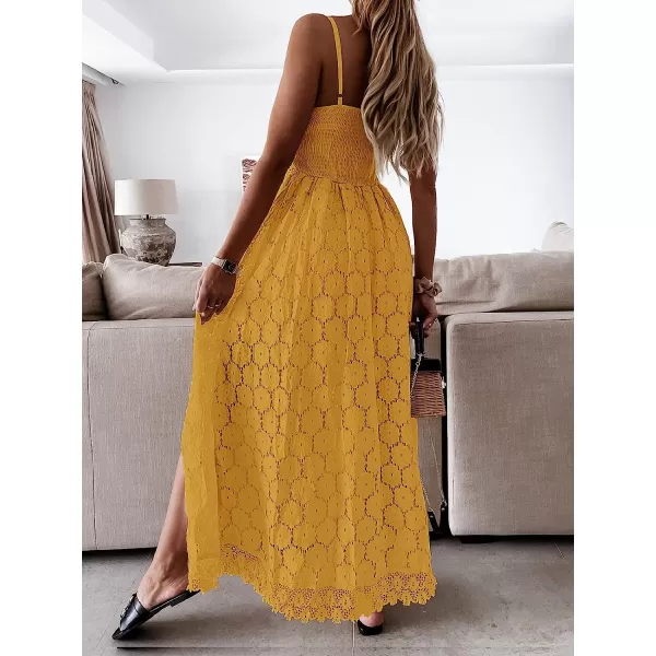 imageCUPSHE Womens Ruching Smocking Jumpsuit Summer Slip V Neck Backless Maxi High LowYellow