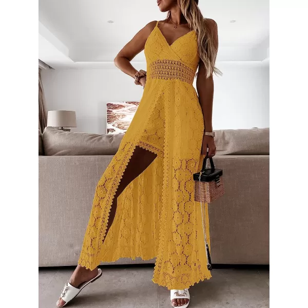 imageCUPSHE Womens Ruching Smocking Jumpsuit Summer Slip V Neck Backless Maxi High LowYellow