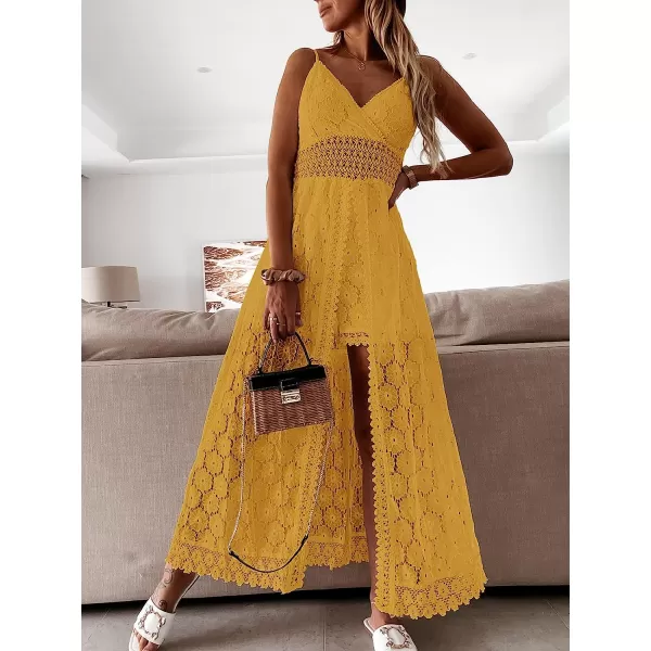 imageCUPSHE Womens Ruching Smocking Jumpsuit Summer Slip V Neck Backless Maxi High LowYellow