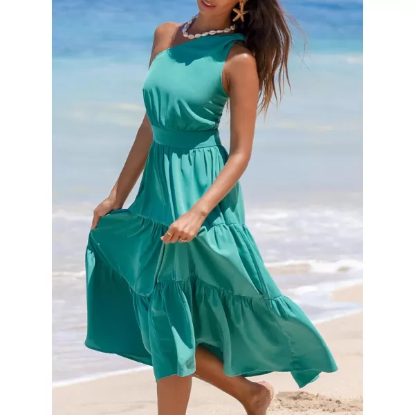 imageCUPSHE Womens Ruffle Beach Dress One Shoulder Sleeveless A Line Maxi Summer DressesGreen