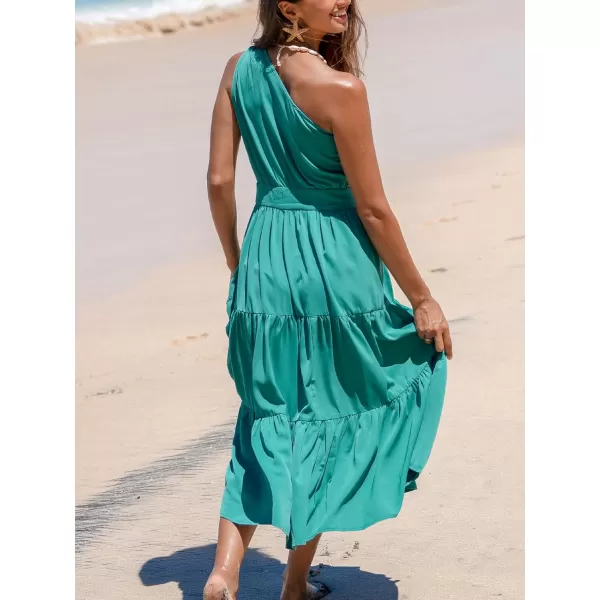 imageCUPSHE Womens Ruffle Beach Dress One Shoulder Sleeveless A Line Maxi Summer DressesGreen