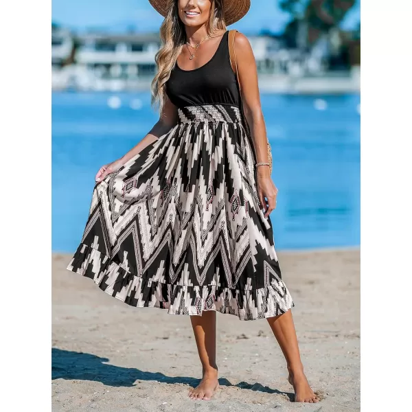 imageCUPSHE Womens Ruffle Beach Dress Smocked Waist Scoop Neck Sleeveless Geo Patterned Midi Summer DressesBlack