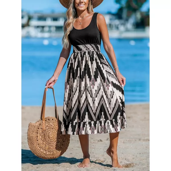 imageCUPSHE Womens Ruffle Beach Dress Smocked Waist Scoop Neck Sleeveless Geo Patterned Midi Summer DressesBlack