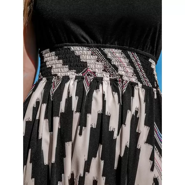 imageCUPSHE Womens Ruffle Beach Dress Smocked Waist Scoop Neck Sleeveless Geo Patterned Midi Summer DressesBlack