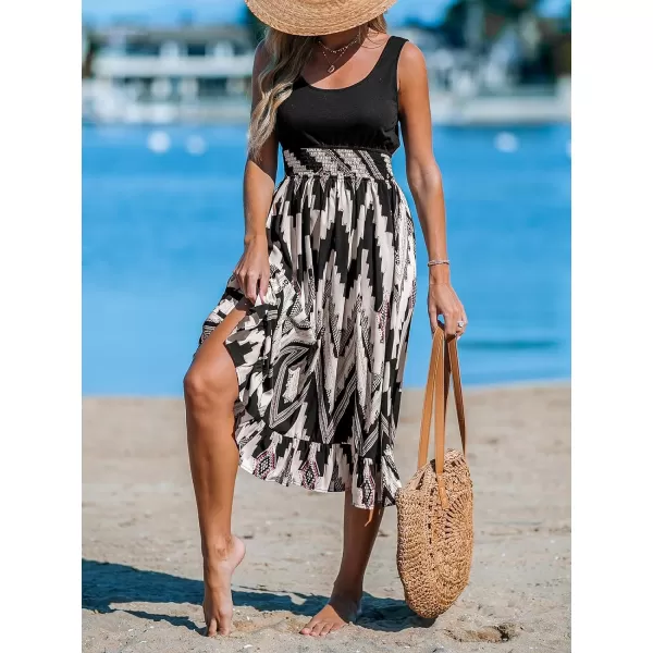 imageCUPSHE Womens Ruffle Beach Dress Smocked Waist Scoop Neck Sleeveless Geo Patterned Midi Summer DressesBlack